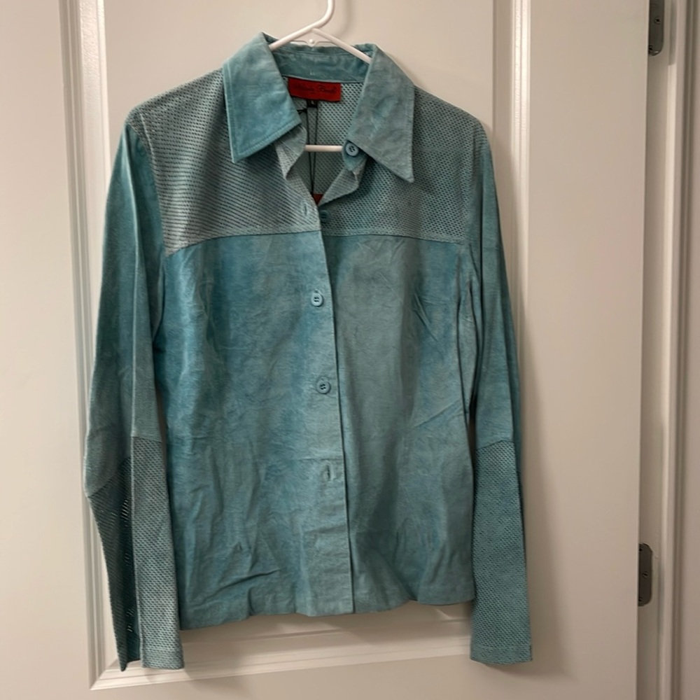 NICOLA BERTI Leather/Suede button jacket top Size L Teal
